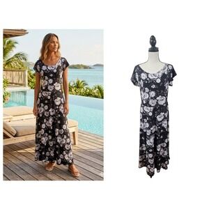 LBisse Maxi Dress Women XL Black White Floral Short Sleeve Stretch Casual
